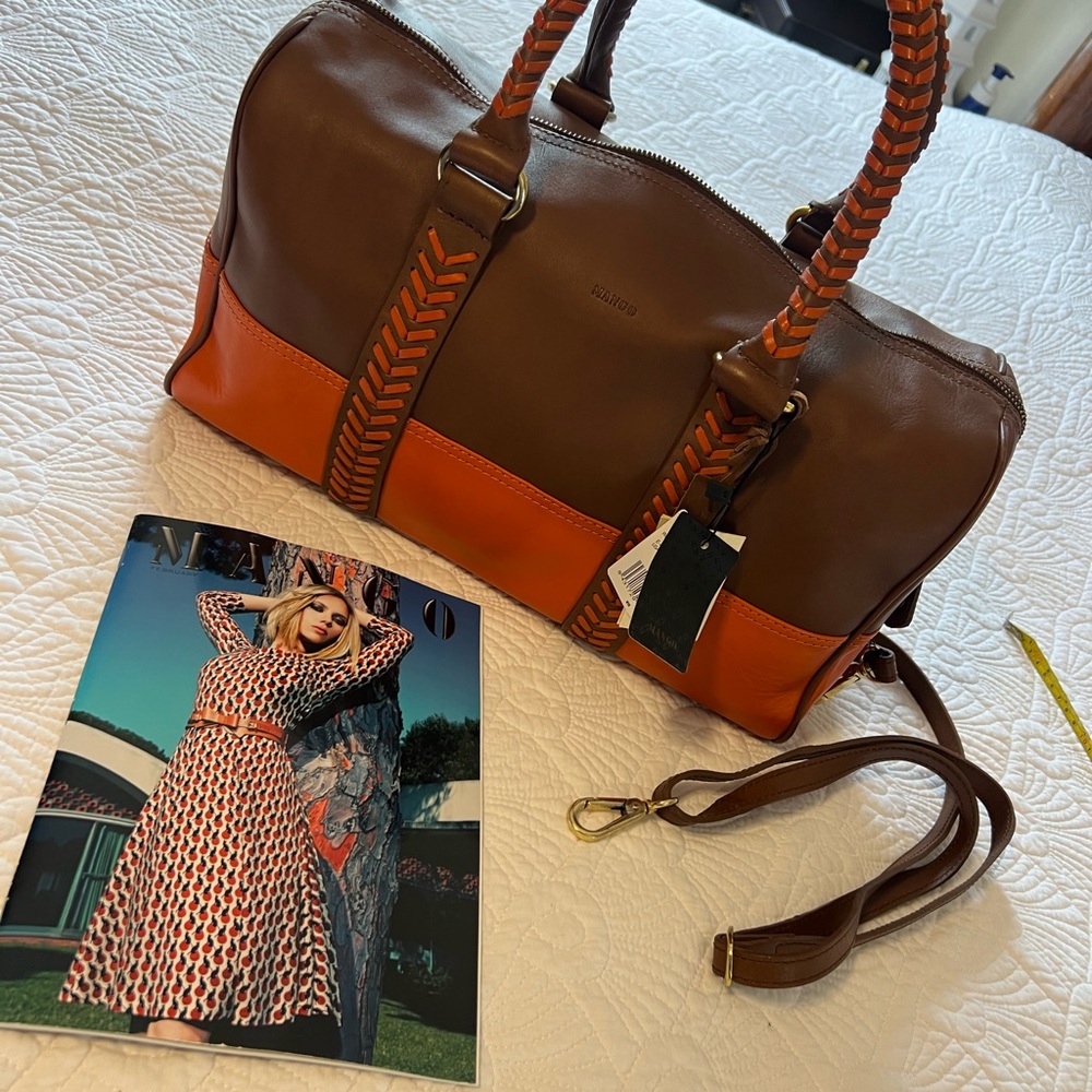 Mango Brown and Orange Leather Women's Satchel Bag Tote